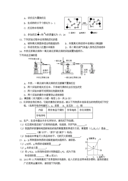 2019年海南省中考化学模拟试题(二)(共5页)