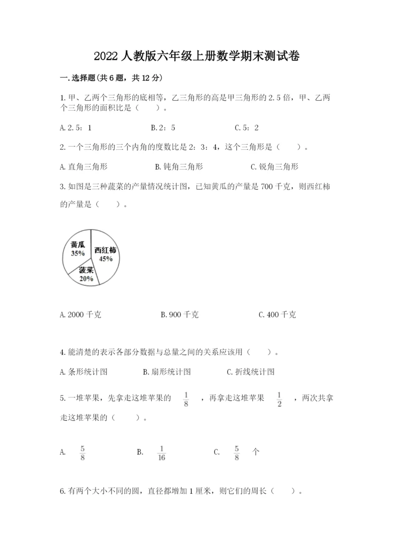 2022人教版六年级上册数学期末测试卷含完整答案【易错题】.docx