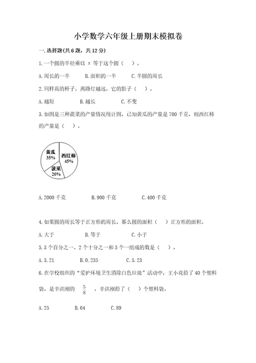 小学数学六年级上册期末模拟卷及参考答案考试直接用