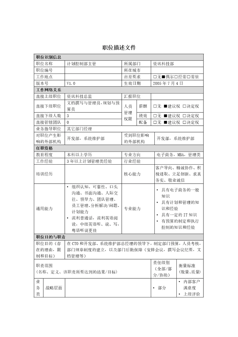 计划控制部主管岗位说明书2页