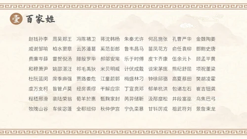中国风山水背景复古配色百家姓科普PPT课件中国传统文化