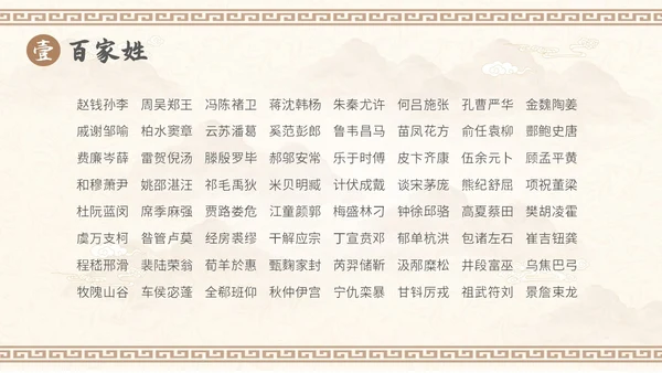 中国风山水背景复古配色百家姓科普PPT课件中国传统文化