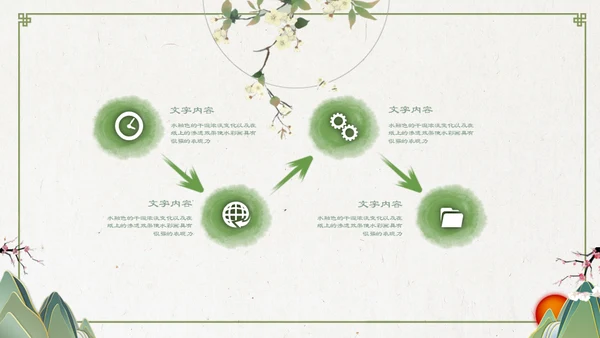 中国风淡绿色花鸟古意通用PPT模板