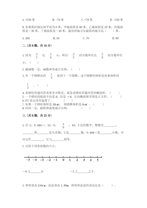 小学六年级下册数学摸底考试题及参考答案【精练】.docx