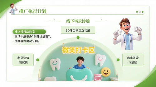 绿色3D卡通风爱牙日口腔诊所宣传活动PPT模板