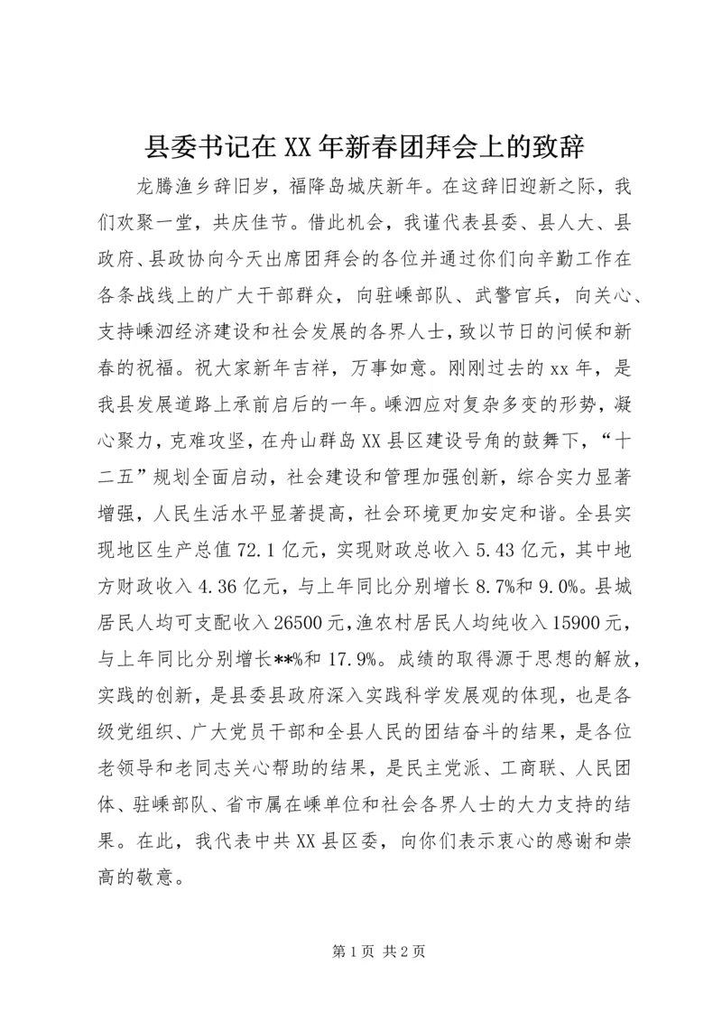 县委书记在XX年新春团拜会上的致辞精编.docx