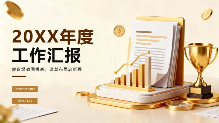 金色3D商务风年终工作总结汇报PPT模板