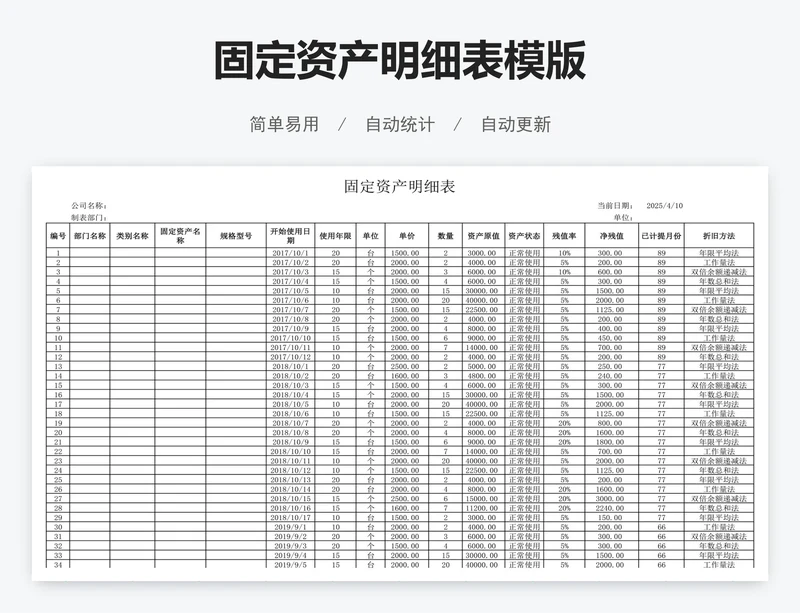 固定资产明细表模版