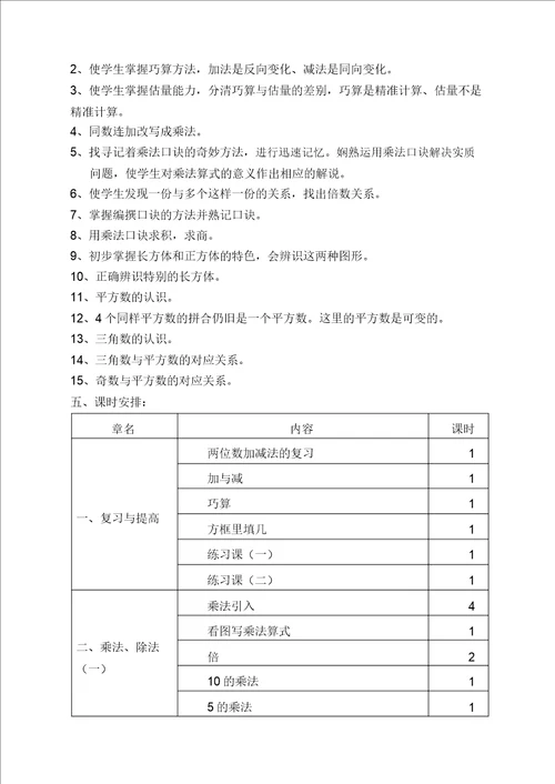 学年数学二年级第一学期教学计划