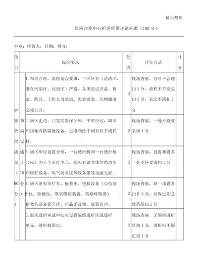 血液净化中心护理质量评价标准