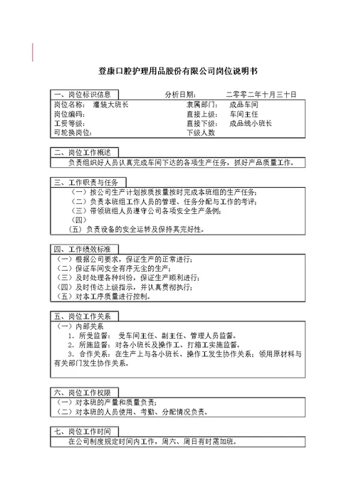 登康口腔护理用品有限公司岗位说明书大全(Document 99个)71