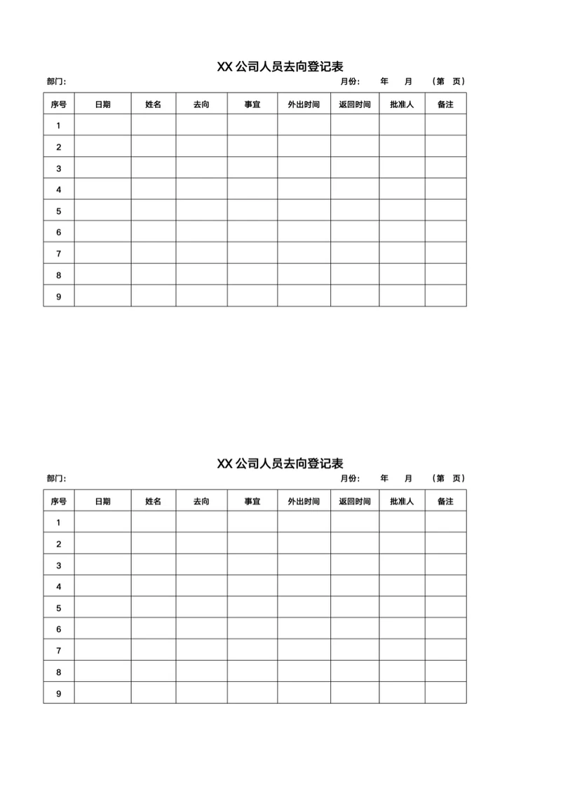 人员去向登记表