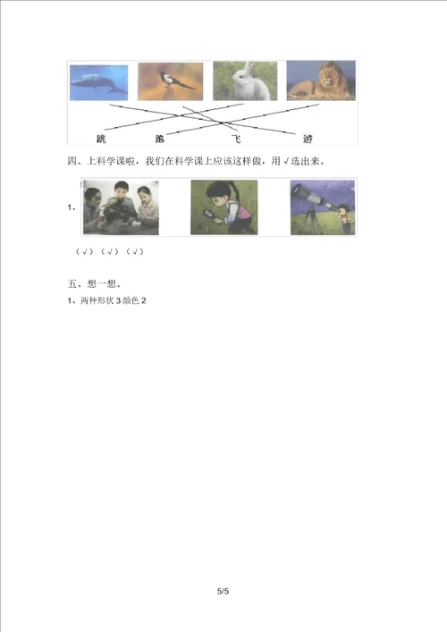 大象版一年级科学上册期末模拟考试附答案