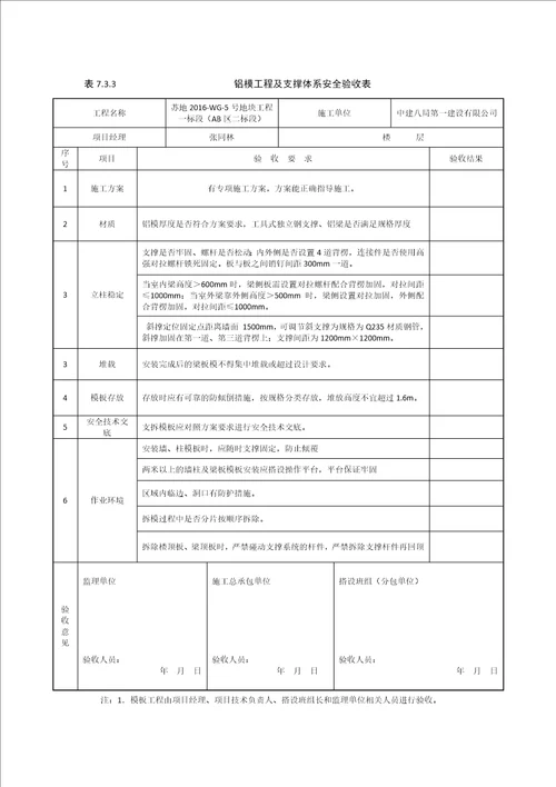 铝模支撑体系安全验收表