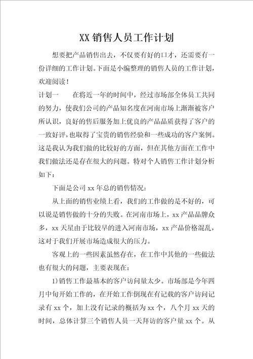 XX销售人员工作计划