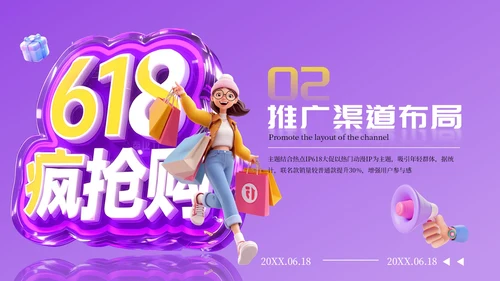 紫色卡通618电商促销方案PPT模板