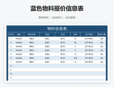 蓝色物料报价信息表