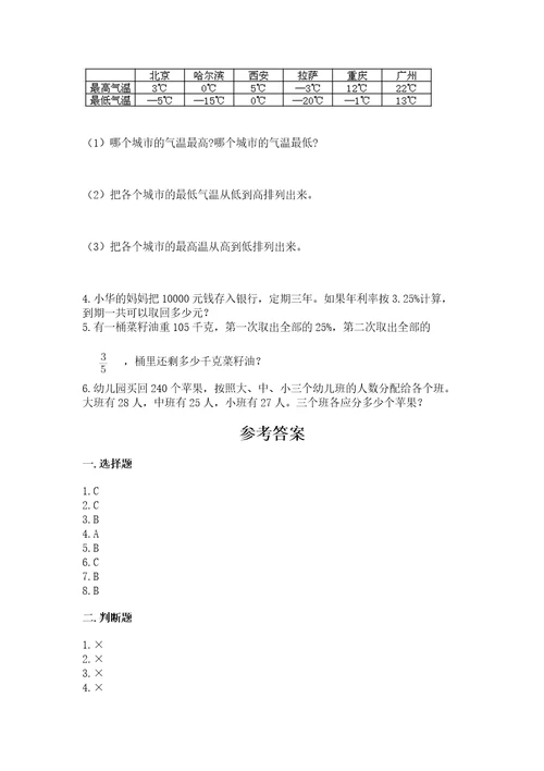 晋江小学毕业期末数学试卷附参考答案精练