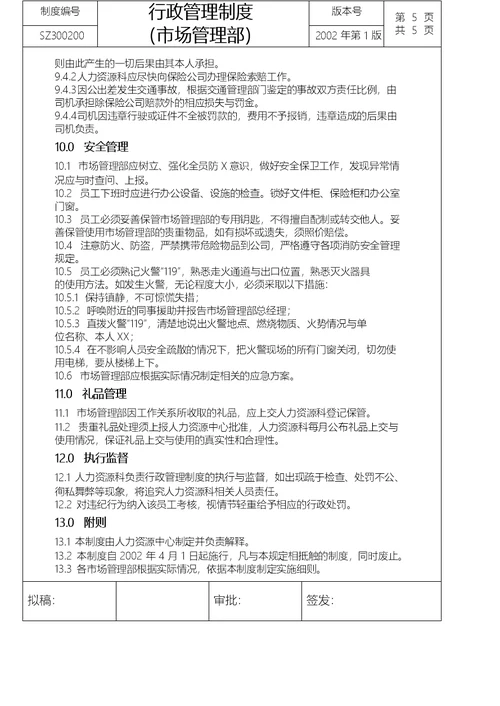市场管理部行政管理制度