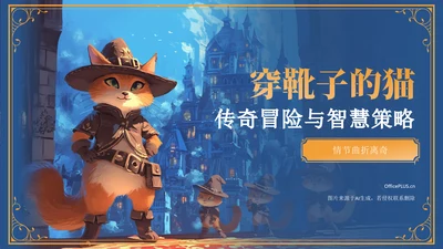 蓝色插画风《穿靴子的猫》童话故事PPT模板