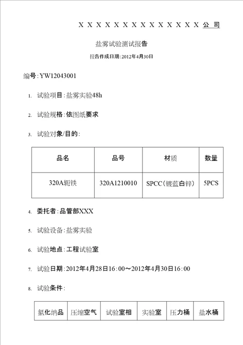 盐雾试验测试报告范本