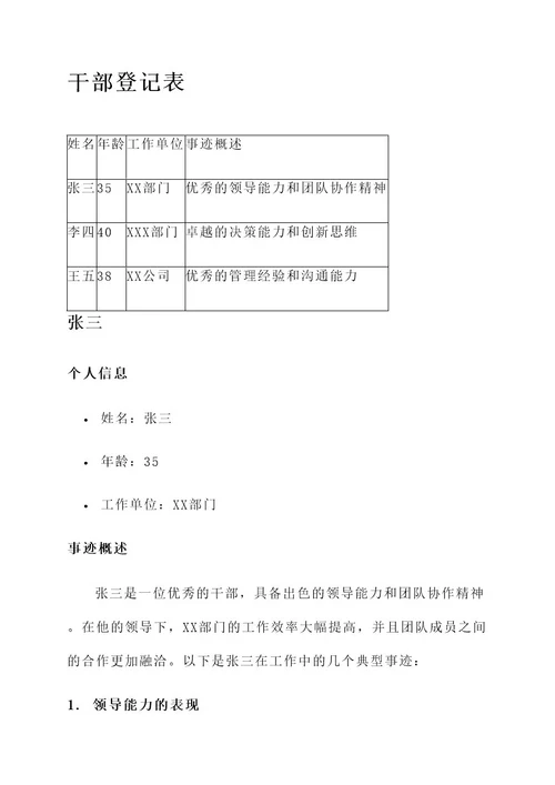 优秀干部登记表的主要事迹