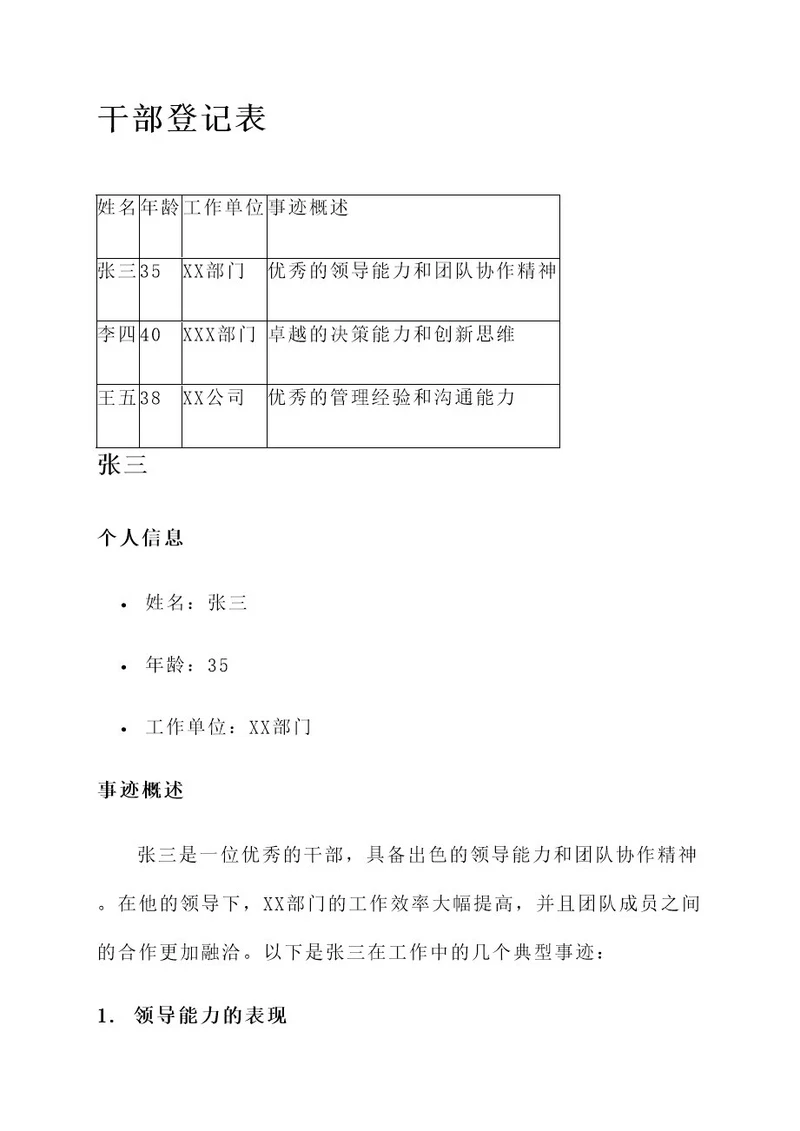 优秀干部登记表的主要事迹