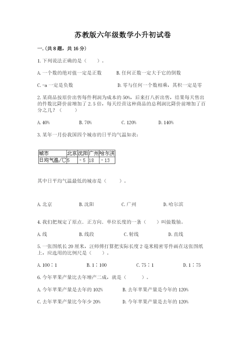 苏教版六年级数学小升初试卷含完整答案【精选题】.docx