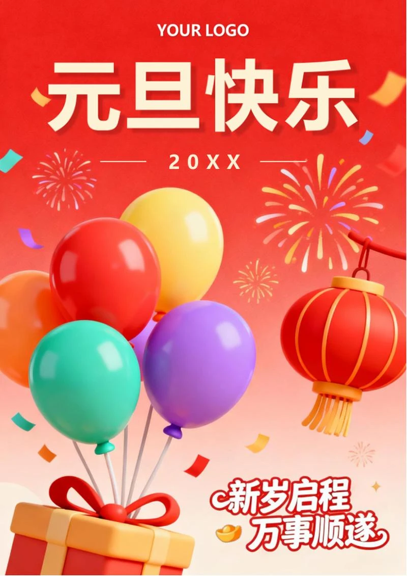 红色喜庆膨胀风元旦节节日海报