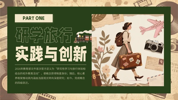 黄绿色复古风研学旅行PPT模板