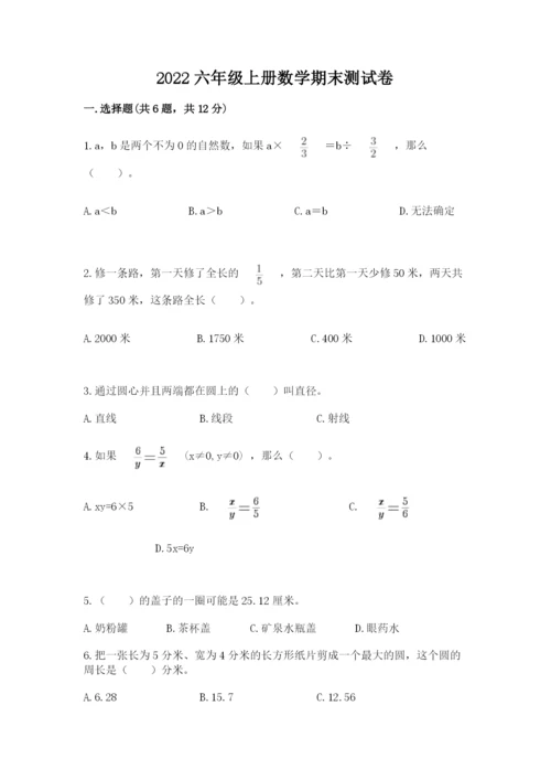 2022六年级上册数学期末测试卷审定版.docx
