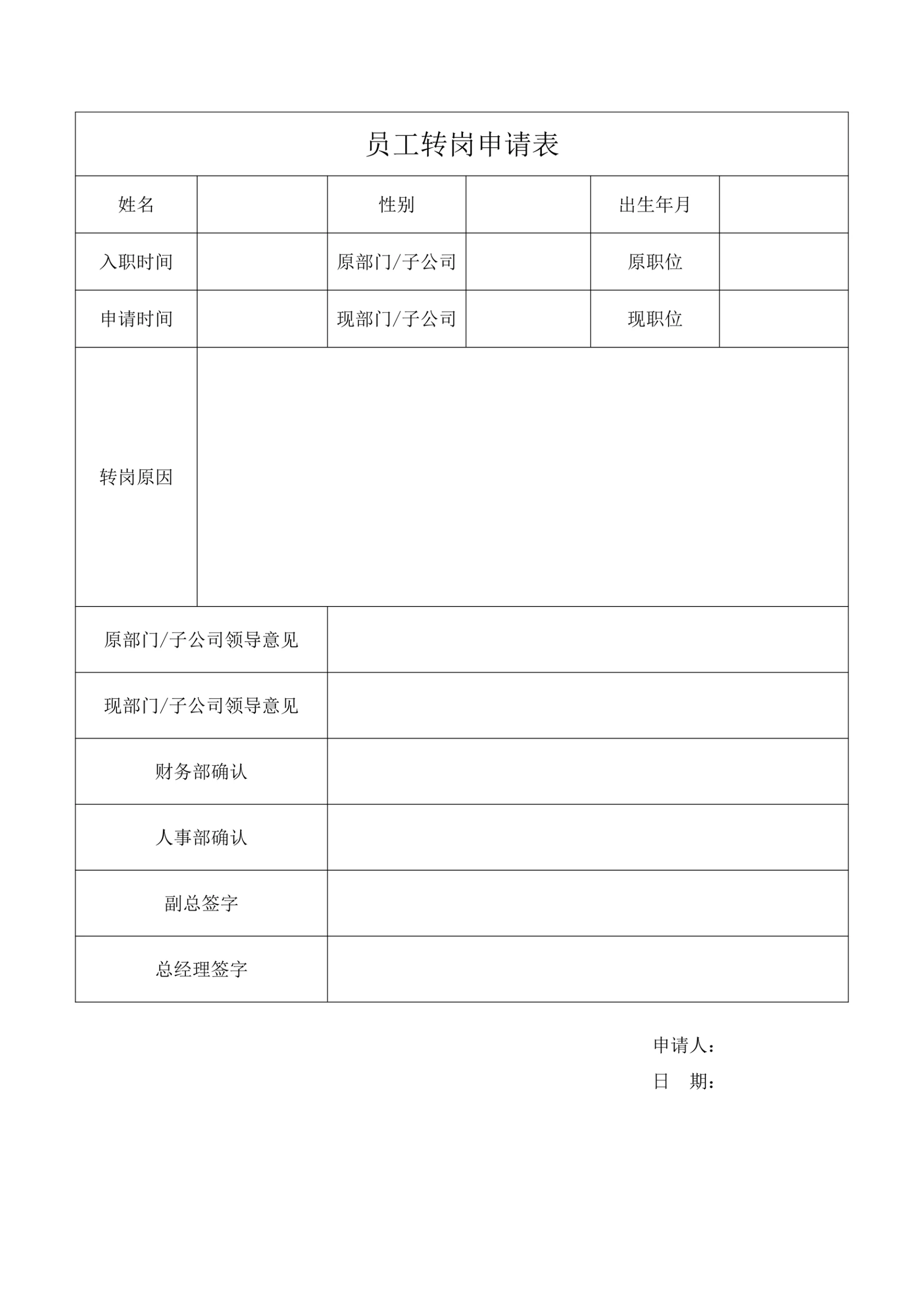 员工转岗申请表
