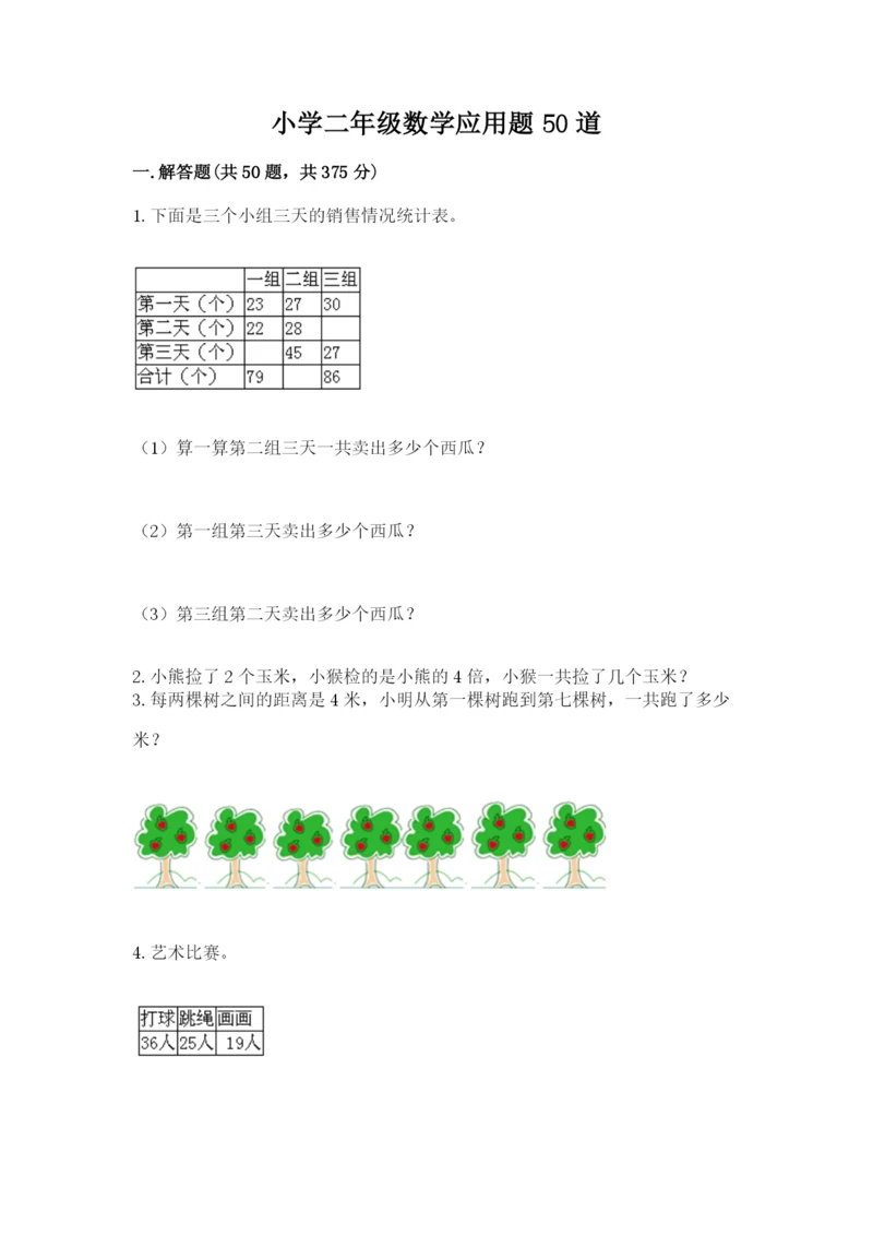 小学二年级数学应用题50道带答案（黄金题型）.docx