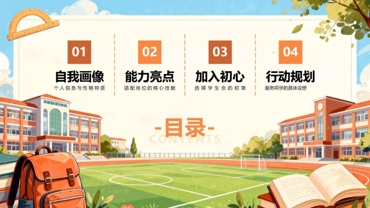 黄色手绘插画风校园目录PPT单页