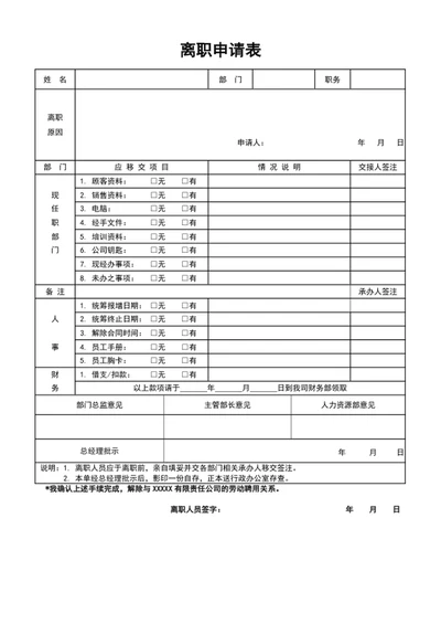 公司员工离职申请表word离职报告表