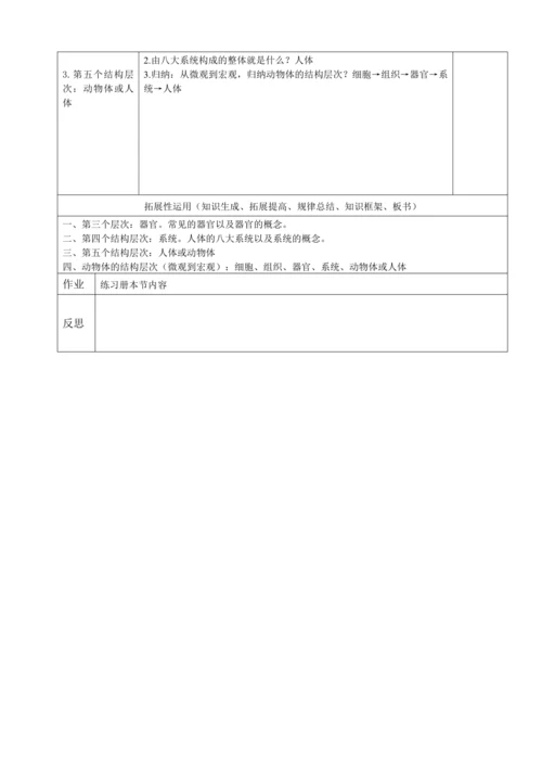 人教版（2024）生物七年级上册 1.3.2 动物体的结构层次（第2课时教案）