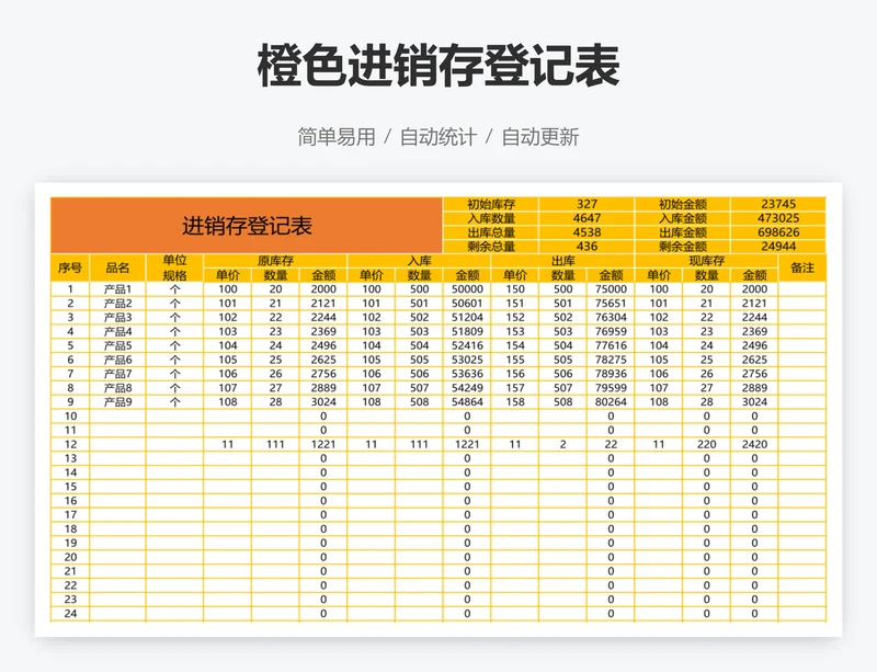 橙色进销存登记表