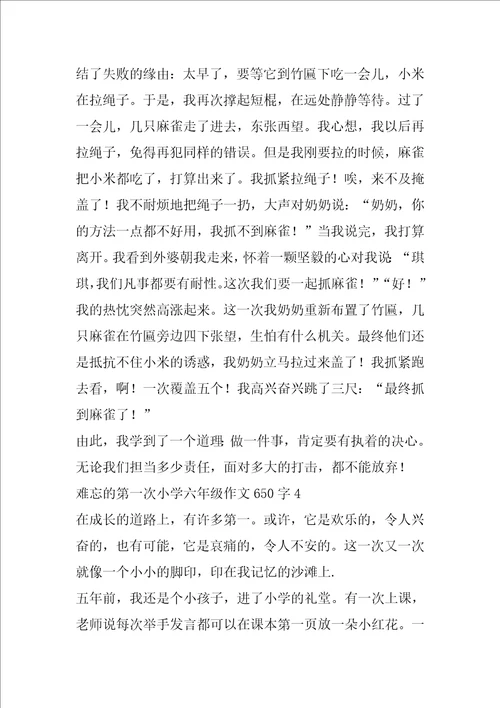 650字5篇小学一年级难忘作文