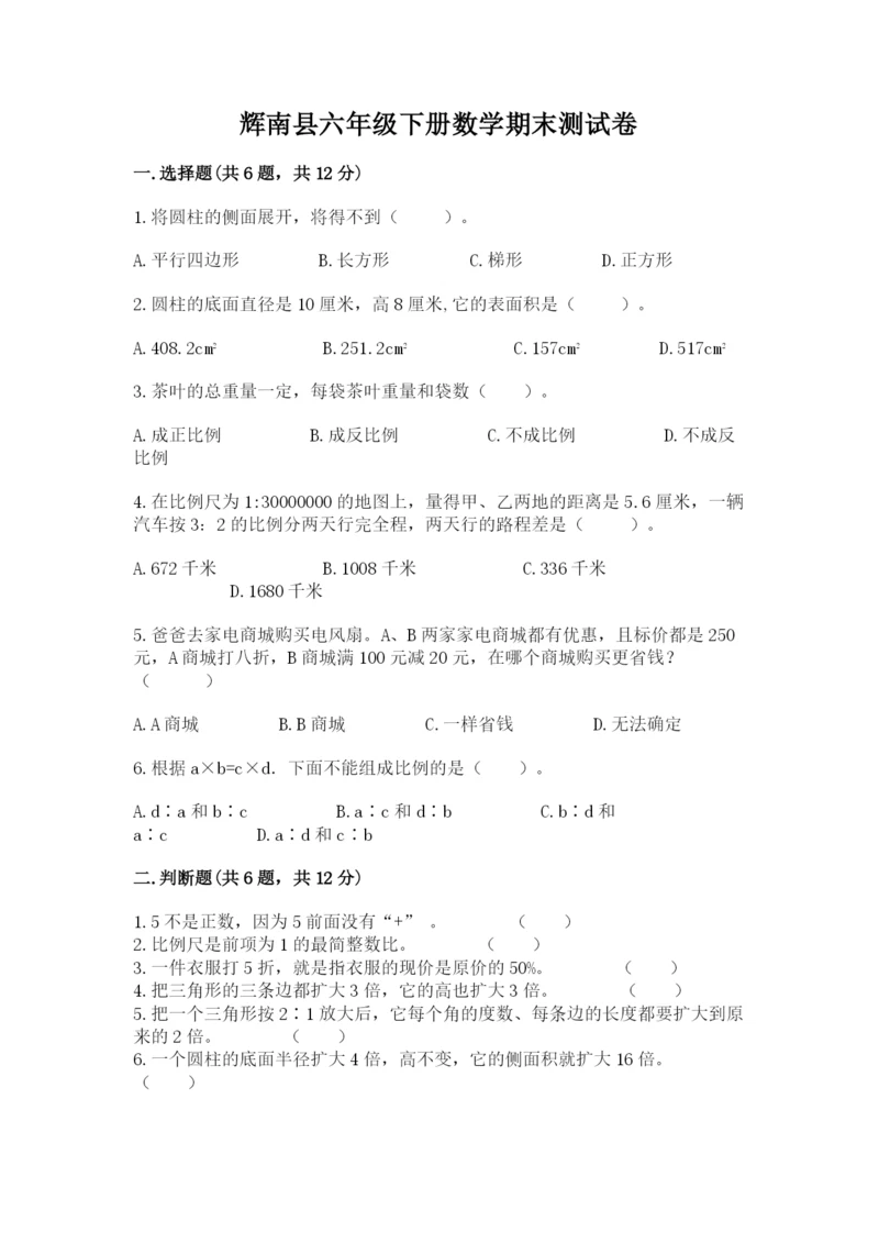 辉南县六年级下册数学期末测试卷（考点梳理）.docx