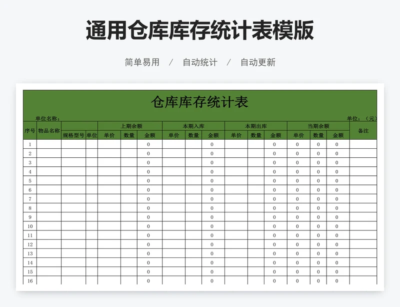 通用仓库库存统计表模版