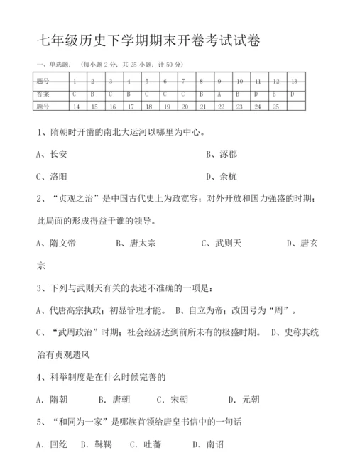 【初一历史模拟试题】历史下学期期末开卷考试试卷011111.docx