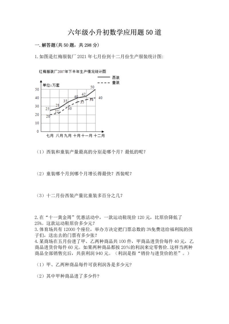 六年级小升初数学应用题50道附参考答案（轻巧夺冠）.docx