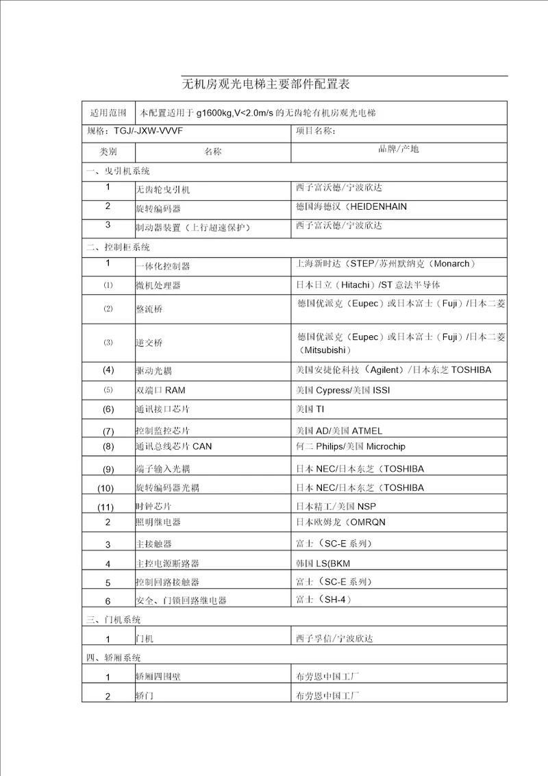 无机房观光电梯主要部件配置表