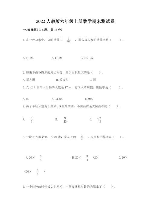 2022人教版六年级上册数学期末测试卷实验班.docx