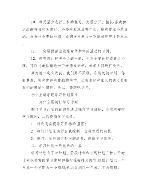 初中生新学期学习计划