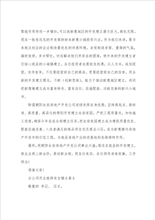 分公司开业致辞发言稿5篇