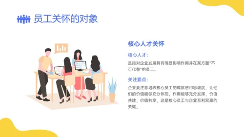 蓝黄简约插画企业员工关系体系建设PPT课件员工关怀