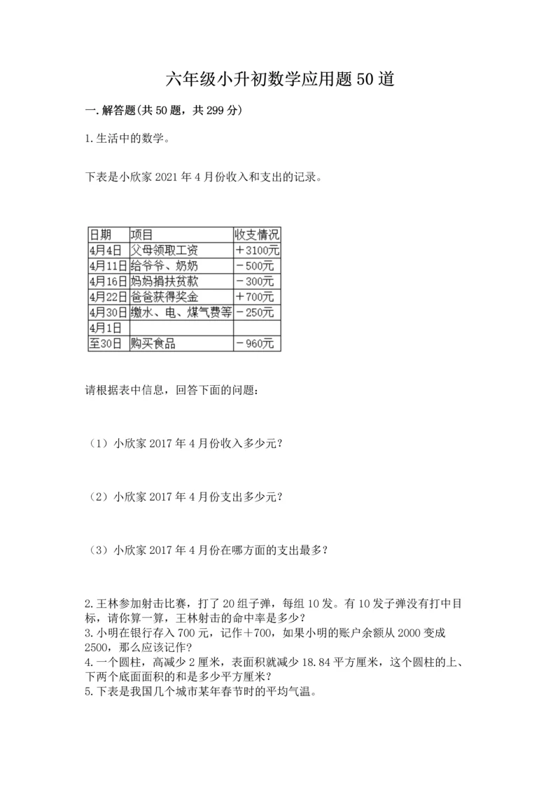 六年级小升初数学应用题50道含答案【研优卷】.docx