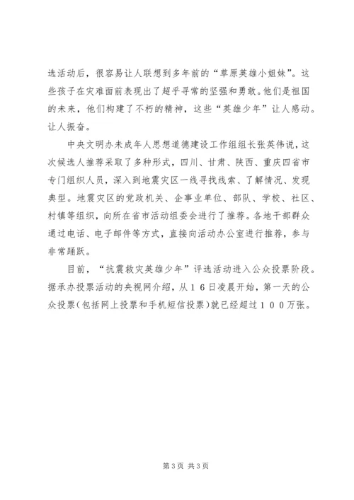 抗震救灾英雄少年观后感：评选表彰活动引起强烈反响.docx