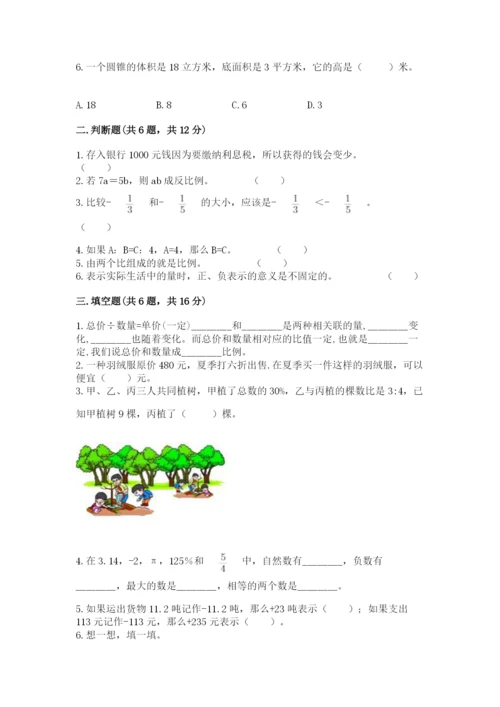 伊春市嘉荫县六年级下册数学期末测试卷带答案.docx